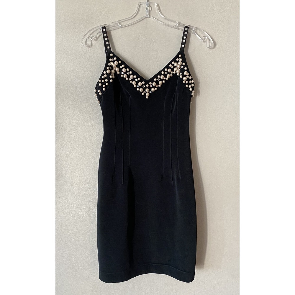 Vintage Unbranded Black Dress Fitted‎ Embellished Pearl VTG 90s Model Sexy Glam